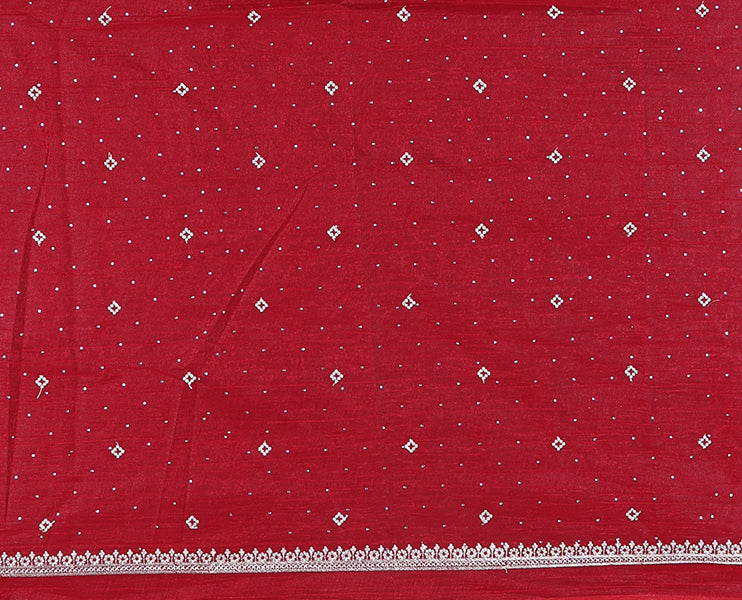 Red half-saree, floral motifs embroidered semi raw silk top, matching embroidered blouse, and contrast scallop embroidered georgette dhavani