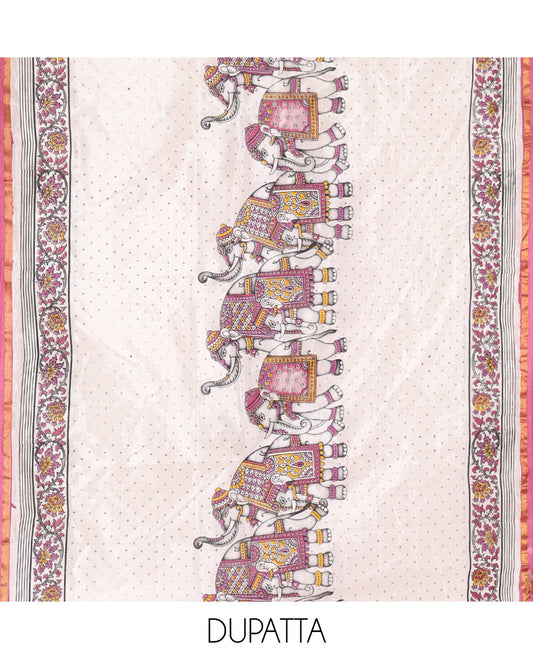 Pink Material Churidar Set, Elevated with Zari Checked Semi-Silk Top, Comes with a Contrast Plain Soft Cotton Bottom, and a Contrast Semi-Silk Dupatta, Pictures a Herd of Elephants