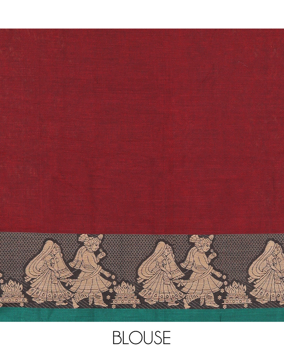Maroon Mercerised Cotton Half-Saree Features a Plain Skirt, a Contrast Wedding-Themed Border, a Matching Blouse, a Contrast Dhavani