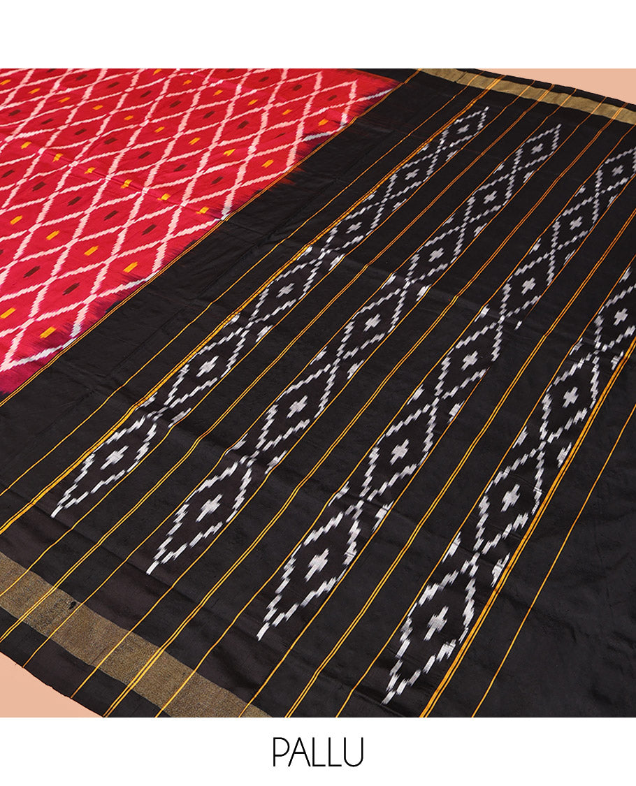 Red Pochampally Ikat Silk Saree, Elevated with Ikat Butta Enclosed Jaal Design, Complemented by a Contrast Ikkat Woven Border, Pallu of Ikkat Weave, and Paired with a Contrast Blouse