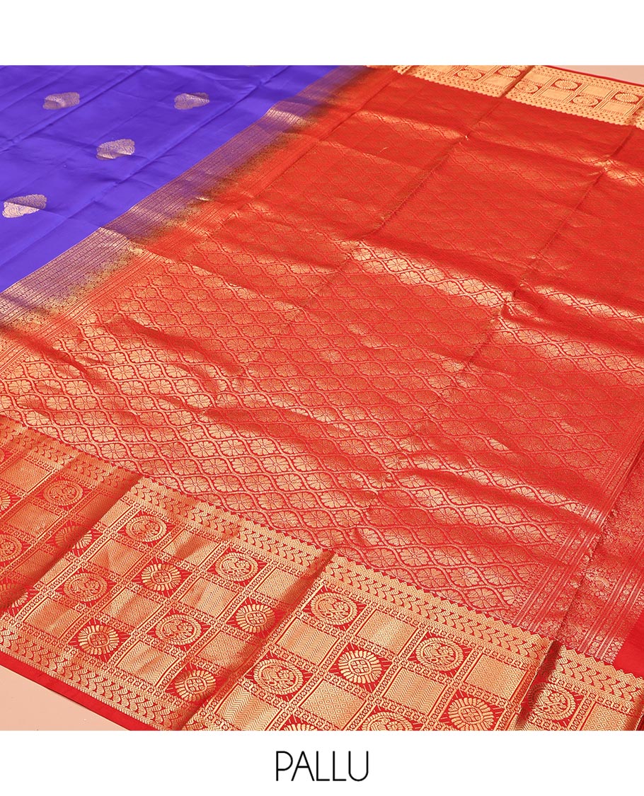 Violet Vasundhara Silk Saree, Prettified with Zari Buttas All Over Its Body, Complemented by a Contrast Border of Rekku, Banaras, Kathir, Chakram, Round Mayil, and Mayil Kann Designs, Grand Ogee-Patterned Pallu, and Paired with a Contrast Blouse