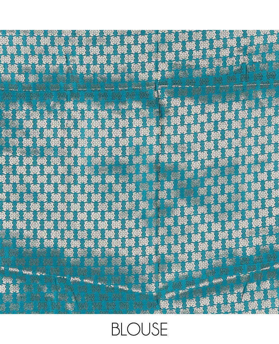 Cream-rama blue semi-banaras half-saree, zari buttas & contrast traditional zari border skirt, jacquard blouse & intricately zari woven dhavani
