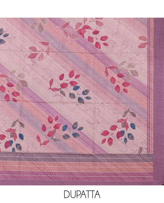 Purple semi-tussar material chudidar set,geometric & kantha print top,heathered plain bottom & dupatta of geometric & floral print
