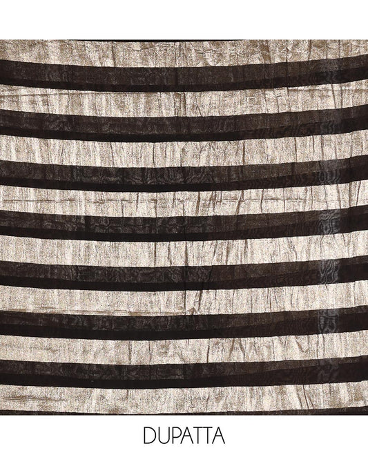 Black material chudidar set, plain with pom-pom tasseled mul chanderi top, a matching bottom, and organza dupatta of stripes