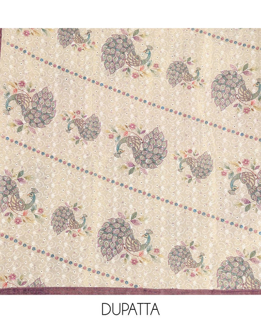 Wine tissue material chudidar set, peacock printed with neck patch embroidered top, plain bottom, dupatta of peacock print, and cut work