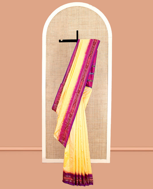 Yellow Plain Pochampally Ikat Silk Saree, Complemented by a Contrast Ikat Textured Border, Ikat Pallu, and No Blouse