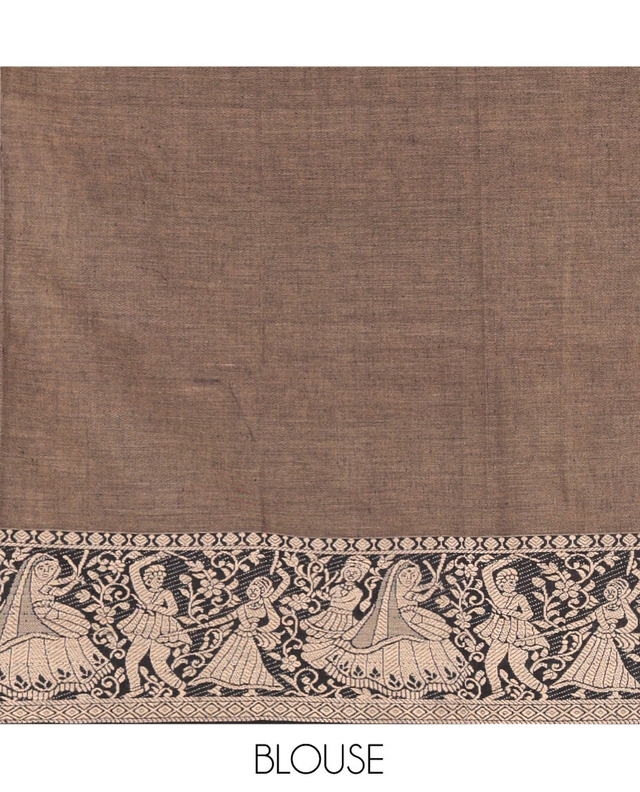 Chikku and Black Mercerised Cotton Half-Saree Set, Plain with Dancing Figurines Woven Bordered Skirt, Paired With a Matching Blouse, and Comes with a Contrast Dhavani