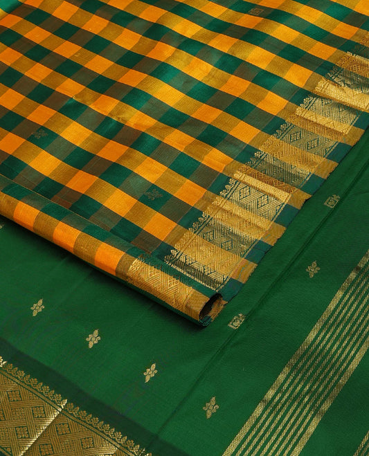 Multi-color checked & zari buttas Kanchipuram silk saree, one-sided zari design border & zari design pallu