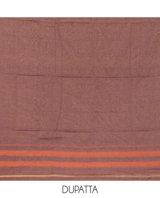 Lavender mercerized cotton material chudidar set,plain contrast traditional rudraksham border top,matching bottom & 2-sided rudraksham border dupatta