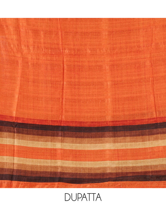 Burnt orange material chudidar set, horizontal ombre striped semi-tussar top, plain santoon bottom & horizontal ombre striped dupatta with tassels