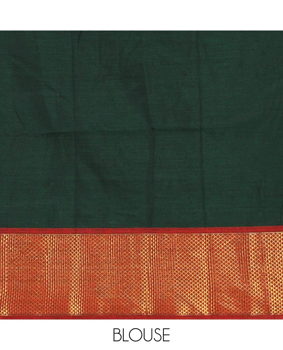 Green-red Mercerised cotton half-saree, plain with contrast arai madam border skirt, matching blouse & contrast arai madam border dhavani