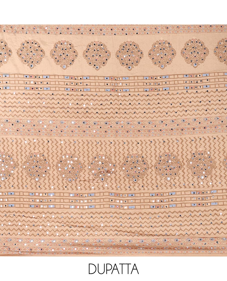 Fawn self print , mirror work crepe chudidhar material top with americam crepe pants & self print, mirror work, lace border dupatta