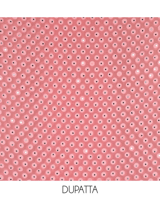 Dark peach material churidar set, stone work with Schiffli style embroidered georgette top, American Crape bottom, and polka dotted printed mirror work dupatta