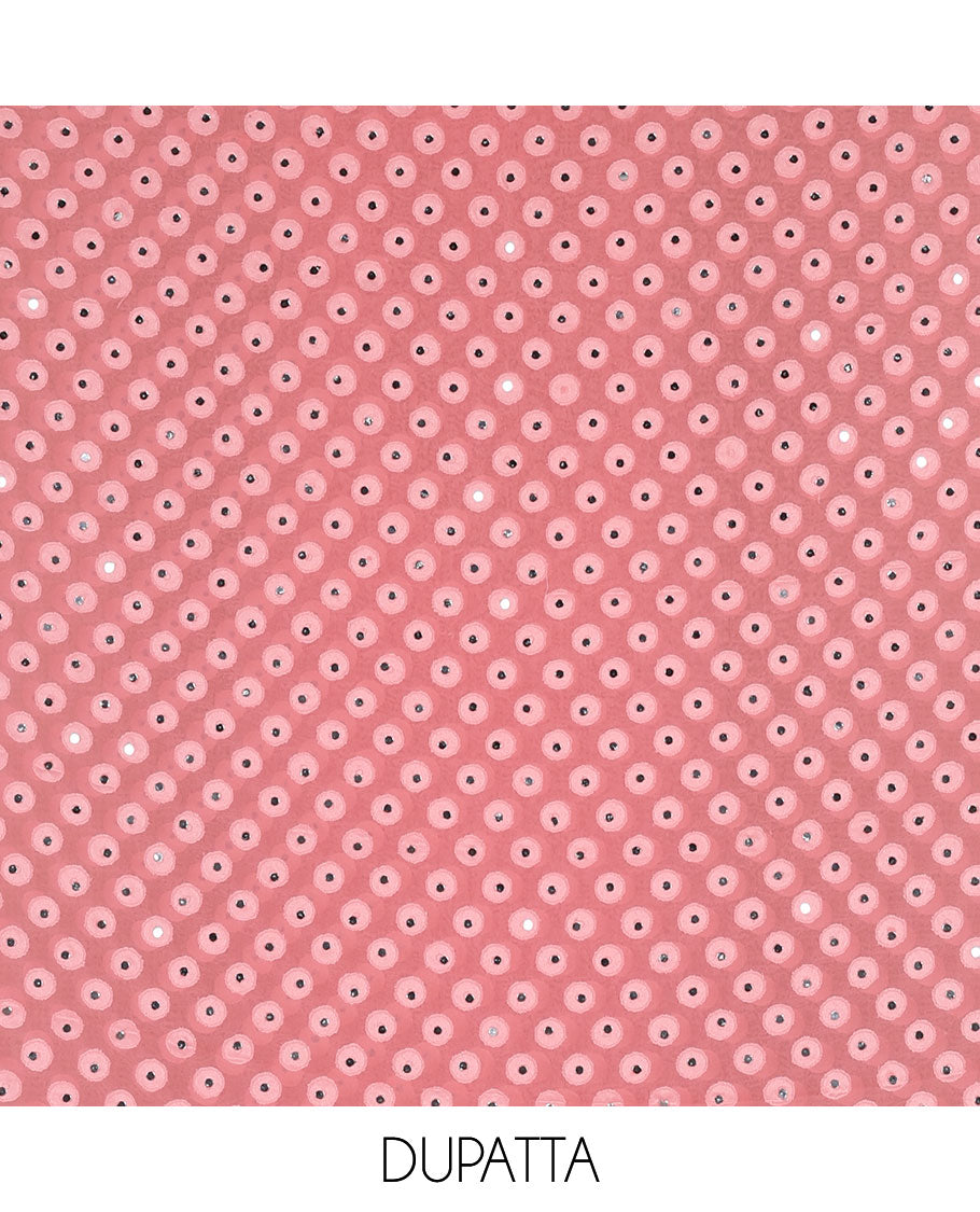 Dark peach material churidar set, stone work with Schiffli style embroidered georgette top, American Crape bottom, and polka dotted printed mirror work dupatta