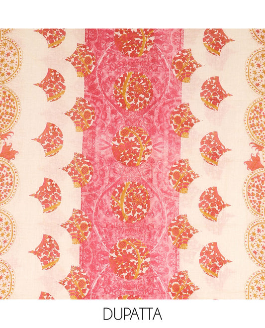 Rani pink pure cotton material chudidar set, floral print with french knot and bead work top, plain cotton bottom, and floral-geometric printed dupatta