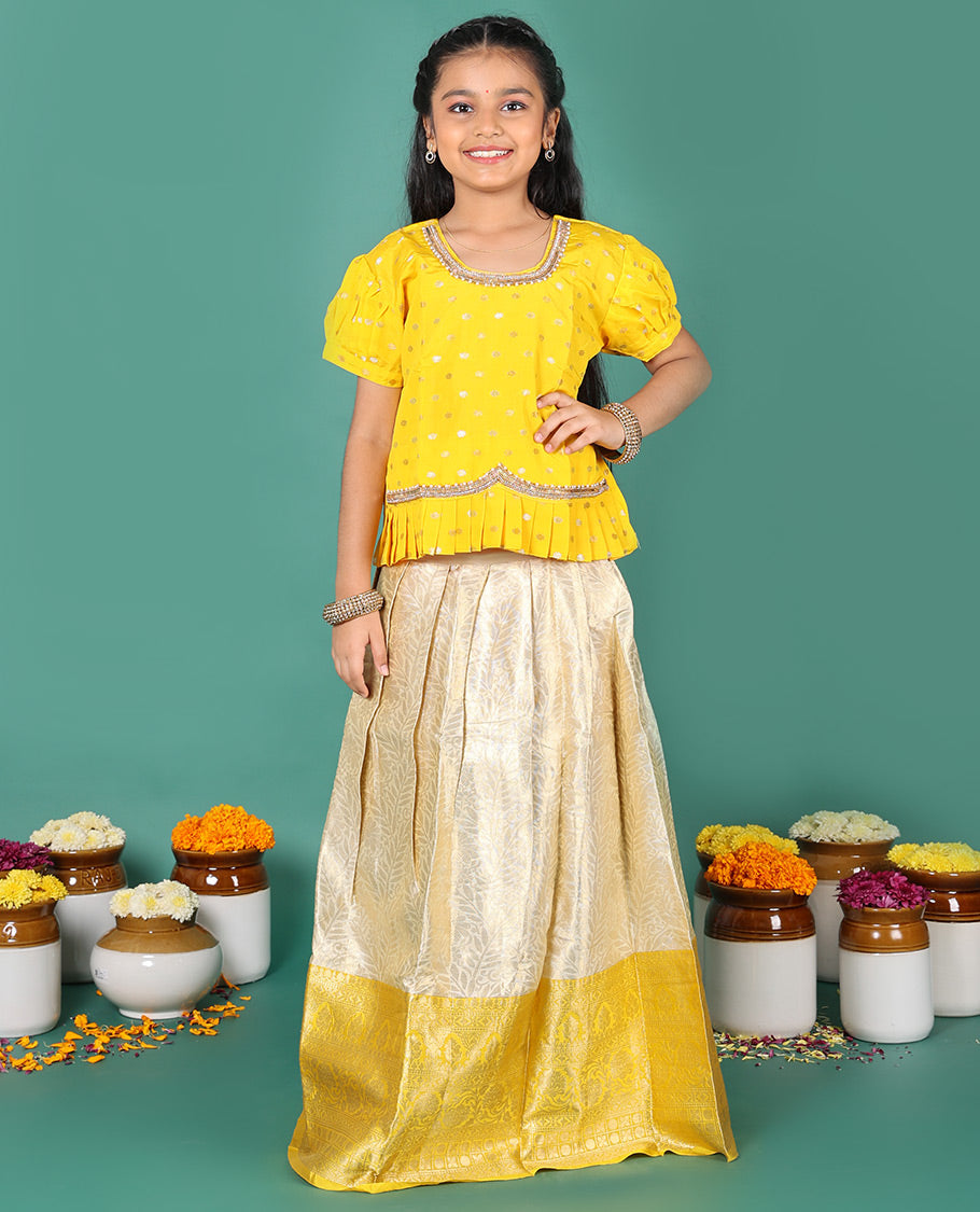 Sandal readymade art silk pavadai, jacquard & contrast zari border skirt & contrast zari buttas embroidered puff-sleeve blouse