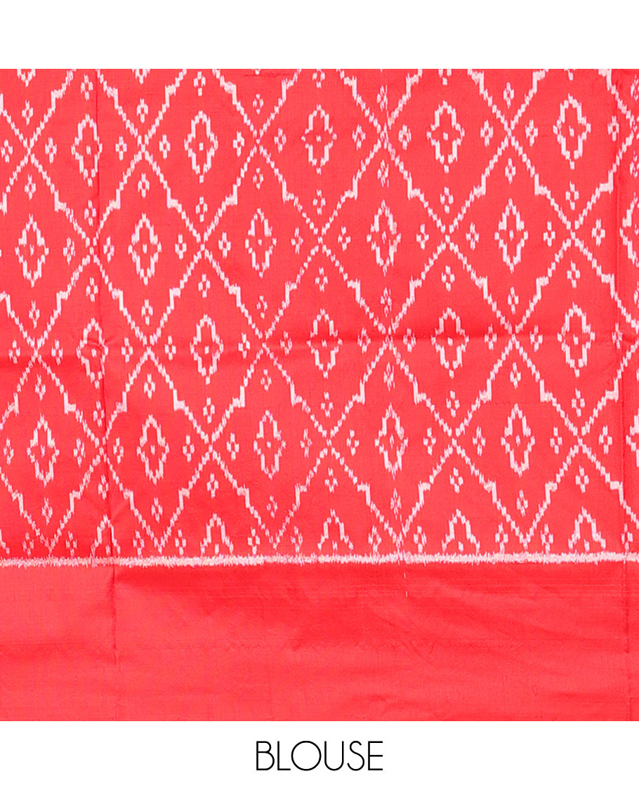 Red motifs ikkat saree with contrast striped border & floral motifs pallu