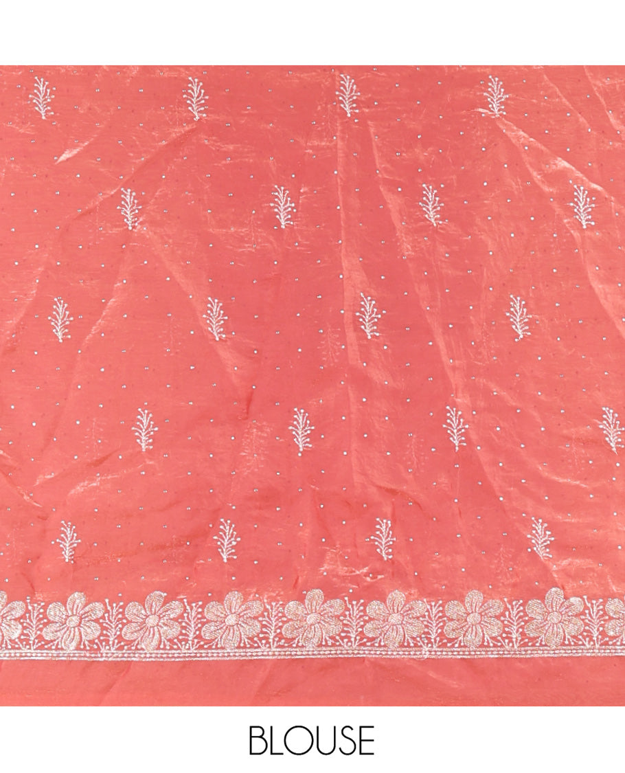 Peach Fendi Organza Half-Saree Set, Features Floral Embroidered Skirt, Matching Blouse, Embroidered Dupatta