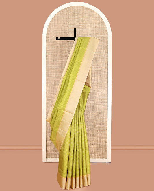 Green Mayuri Lite Silk Mix Saree, Subtly Sparkled With Stripes and Buttas, Complemented by Contrast Border, Pallu of Sparsely Woven Designs and a Contrast Blouse