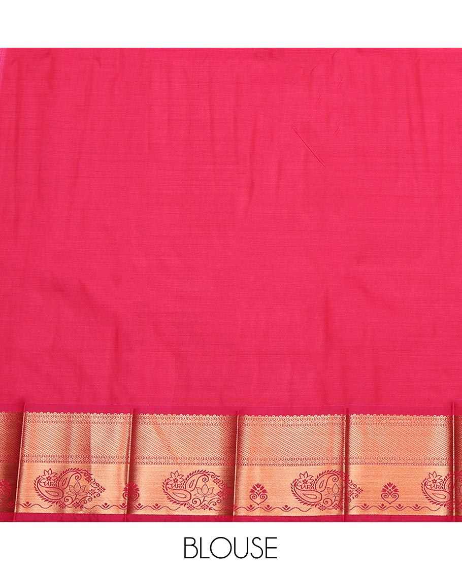 Peach Budget Silk Saree, Accentuated with Jacquard, Complemented by a Contrast Paisley Zari Border, Grand Pallu, and a Contrast Blouse