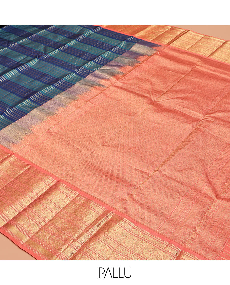 Blue Zari Striped Vasundhara Silk Saree, Contrast Border of Rekku, Kodi Visiry, Mayil, and Kuthirai Designs, Grand Pallu, and a Contrast Blouse