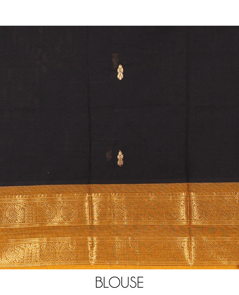 Black and Mustard Chettinad Cotton Half-Saree Featuring Buttas Woven Skirt, Highlighted with a Contrast Rettai Pettu Peacock Motifs Woven Zari Border, a Subtly Woven Matching Blouse, and a Vichitra Silk Contrast Traditional Zari-Bordered Dhavani