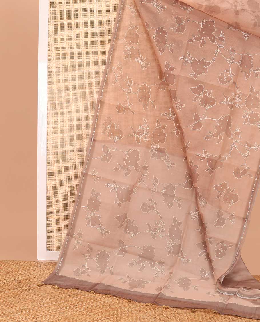 Borderless  brown all-over floral design organza saree
