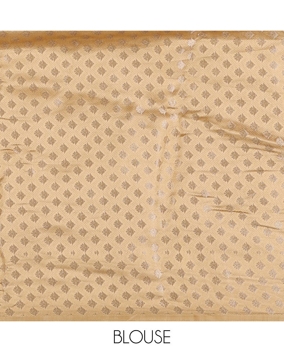 Cream and gold  semi-banarasi half-saree, zari buttas with contrast swarovski stone work border skirt, contrast zari buttas blouse, and intricate zari dhavani