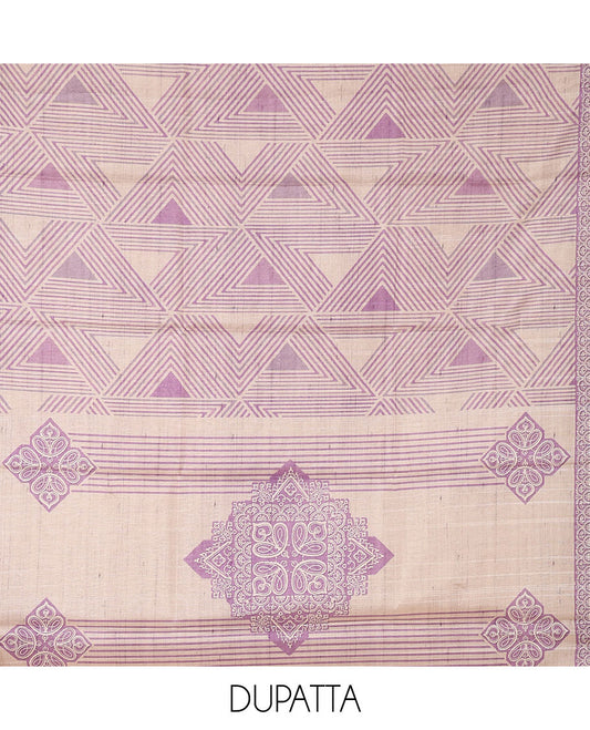 Purple semi-tussar material chudidar set, triangle printed top, heathered bottom & dupatta of triangle & four-petal floral print