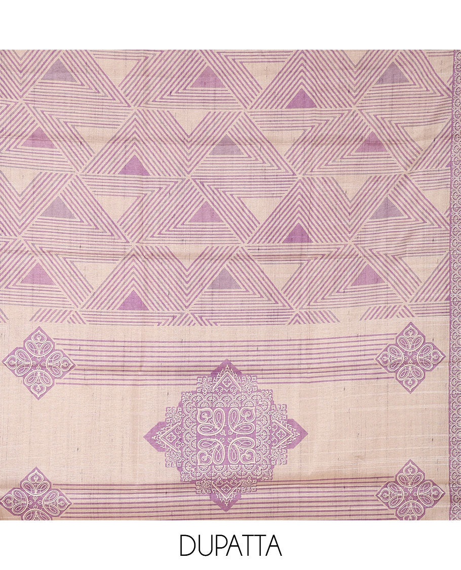 Purple semi-tussar material chudidar set, triangle printed top, heathered bottom & dupatta of triangle & four-petal floral print