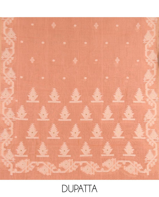 Cream with peach semi-chanderi material churidar set, floral jaal jacquard top, contrast taffeta silk bottom, and jamdani style dupatta