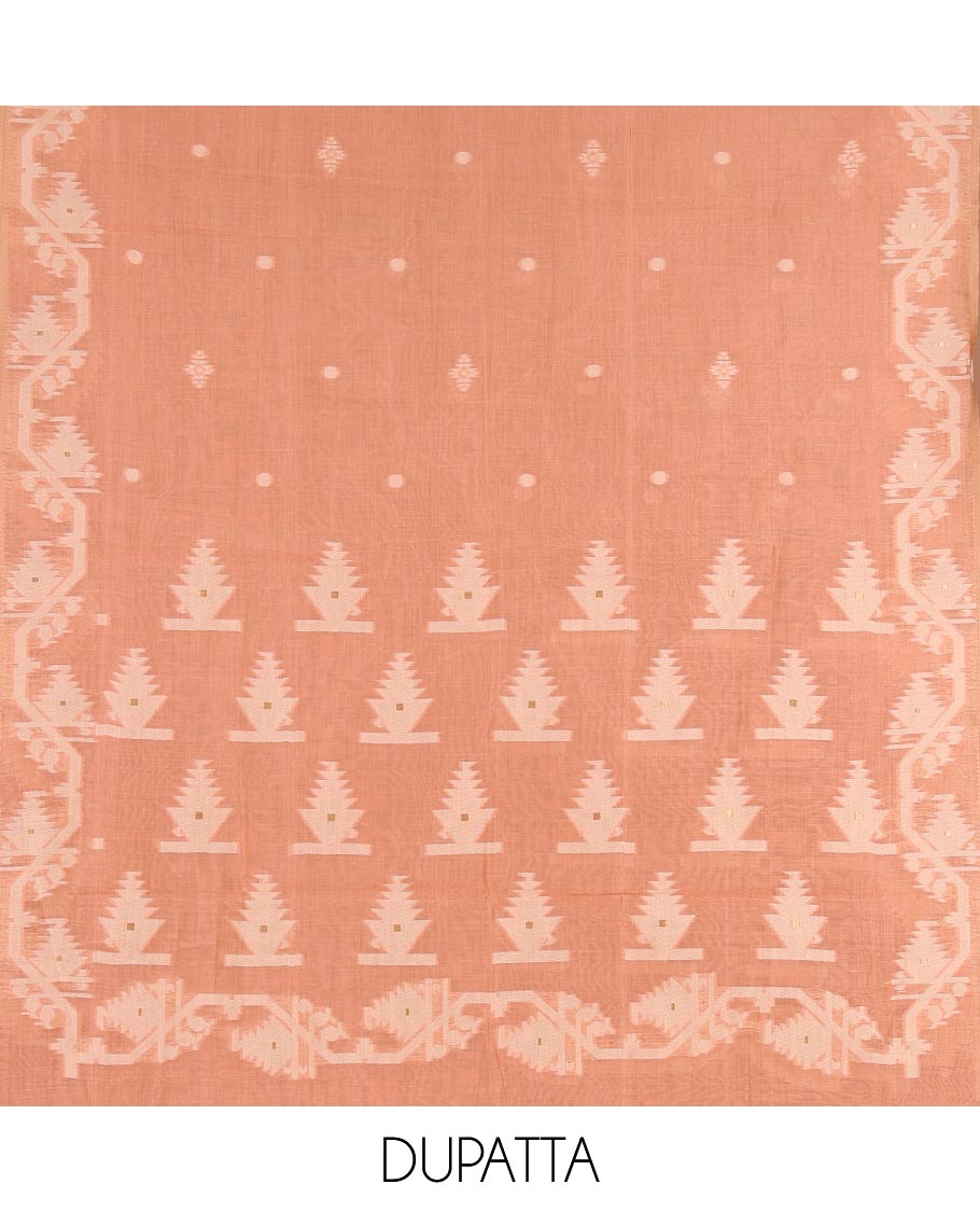 Cream with peach semi-chanderi material churidar set, floral jaal jacquard top, contrast taffeta silk bottom, and jamdani style dupatta