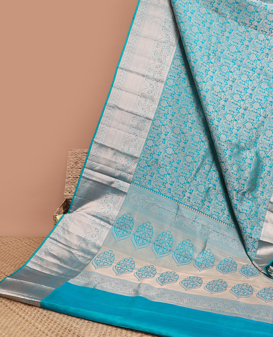Blue floral jacquard kancheepuram silk saree with self-border of rekku, muthu, banaras design & zari design pallu