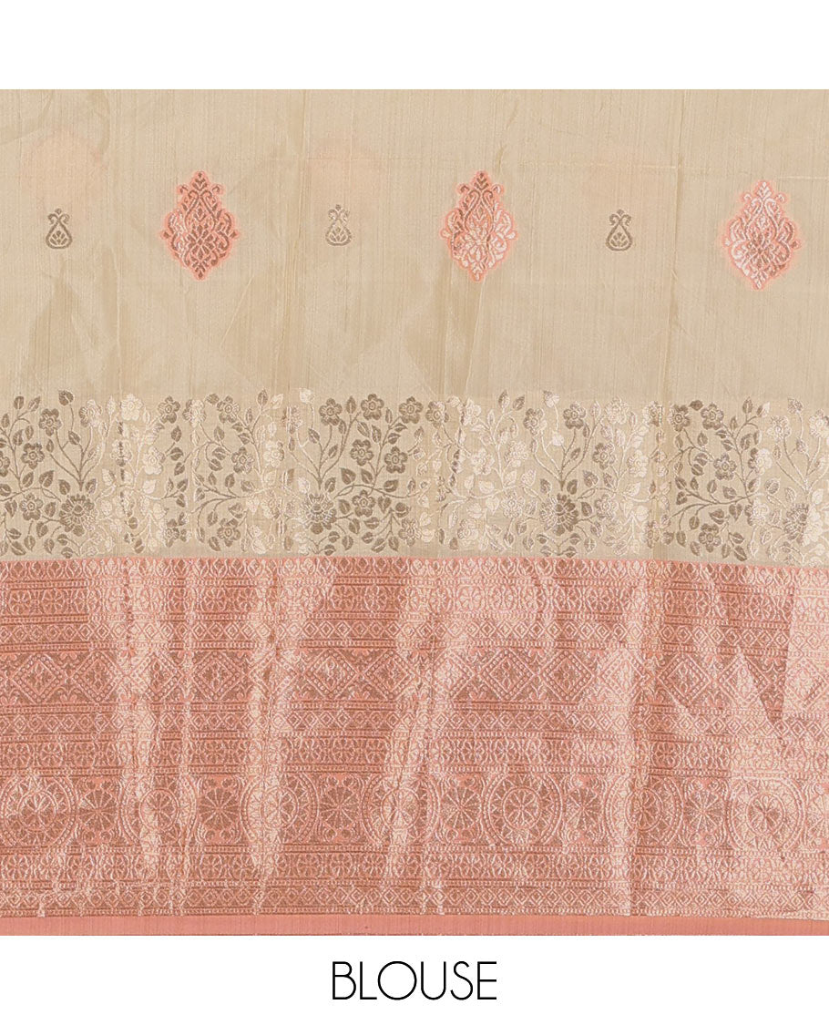 Cream taffeta silk half saree, meena buttas skirt, contrast peach traditional zari border, matching blouse, and zari woven dhavani