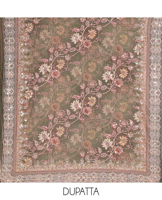 Green Material Chudidar Set Beautified with Floral Vine with Mirror Work Organza Top, Subtly Made Plain Santoon Bottom, and Organza Dupatta Featuring Floral Vine Print and Mirror Work