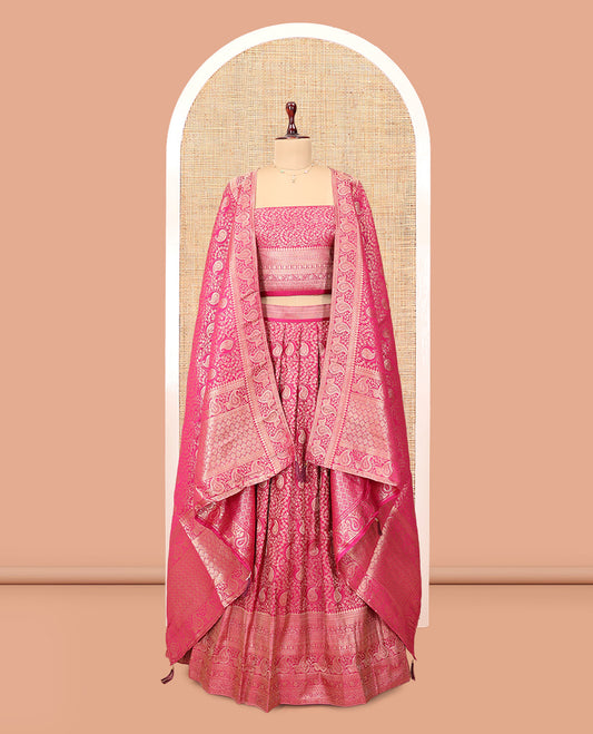 Pink Banarasi Half-Saree, Artfully Detailed with Jacquard Design Skirt, a Traditional Border, Matching Blouse, and Intricately Designed Dupatta