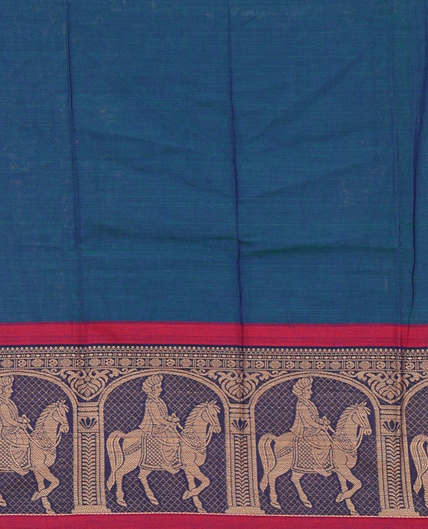 Blue with maroon mercedised cotton half-saree, contrast elephant zari border skirt, matching blouse & one side border georgette dhavani