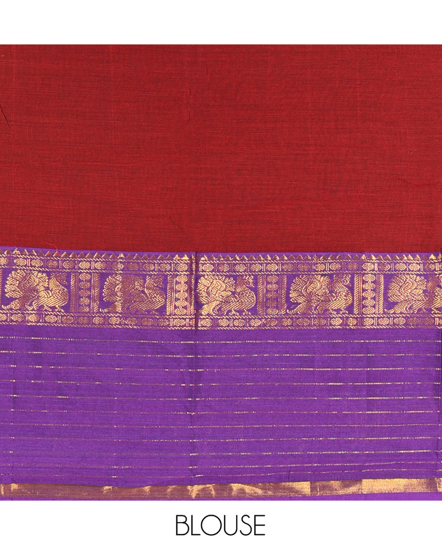 Maroon-Violet Mercerised Cotton Half-Saree, Contrast Annam Bordered Skirt,Matching Blouse,Contrast Dhavani