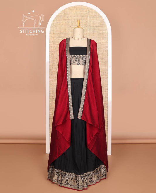 Black with maroon mercerised cotton daman resham border half saree with mercerised cotton blouse and skya georgette one side resam border work