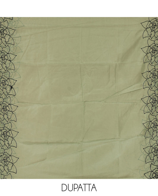 Black and green organza material churidar set, Lucknowi chikankari floral vine embroidery top, plain bottom, and contrast floral embroidery dupatta