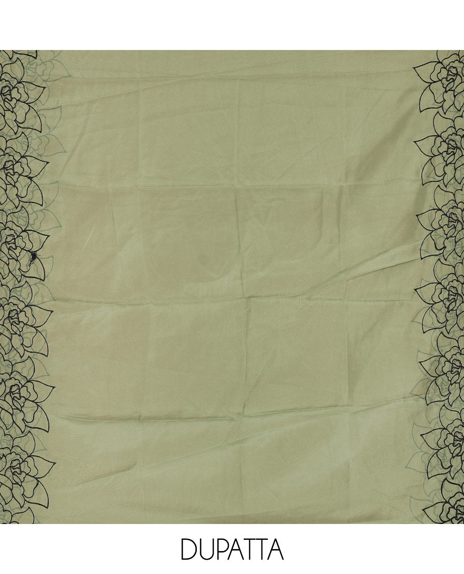 Black and green organza material churidar set, Lucknowi chikankari floral vine embroidery top, plain bottom, and contrast floral embroidery dupatta