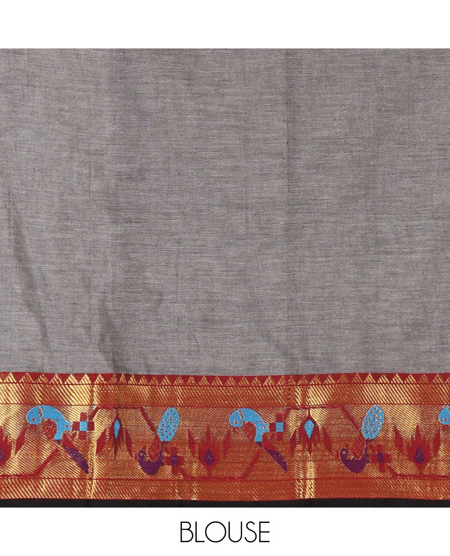 Grey mercerised cotton half-saree, plain & contrast paithani peacock border skirt, matching blouse & contrast plain zari border dhavani