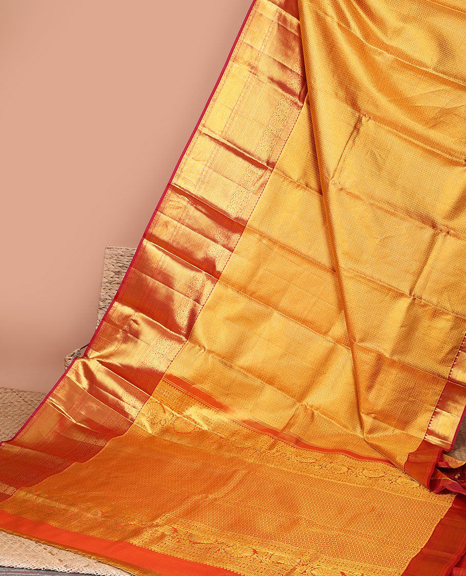 Orange zig zag striped kancheepuram tissue silk saree , contrast traditional zari border & intricate zari pallu
