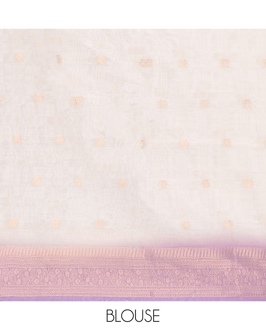 Borderless off white zari weaving khadhi cotton saree with contrast lavender weaving pallu