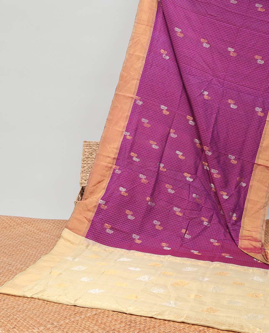 Purple checked , paisley design uppada silk saree with contrast zari border & floral buttas pallu