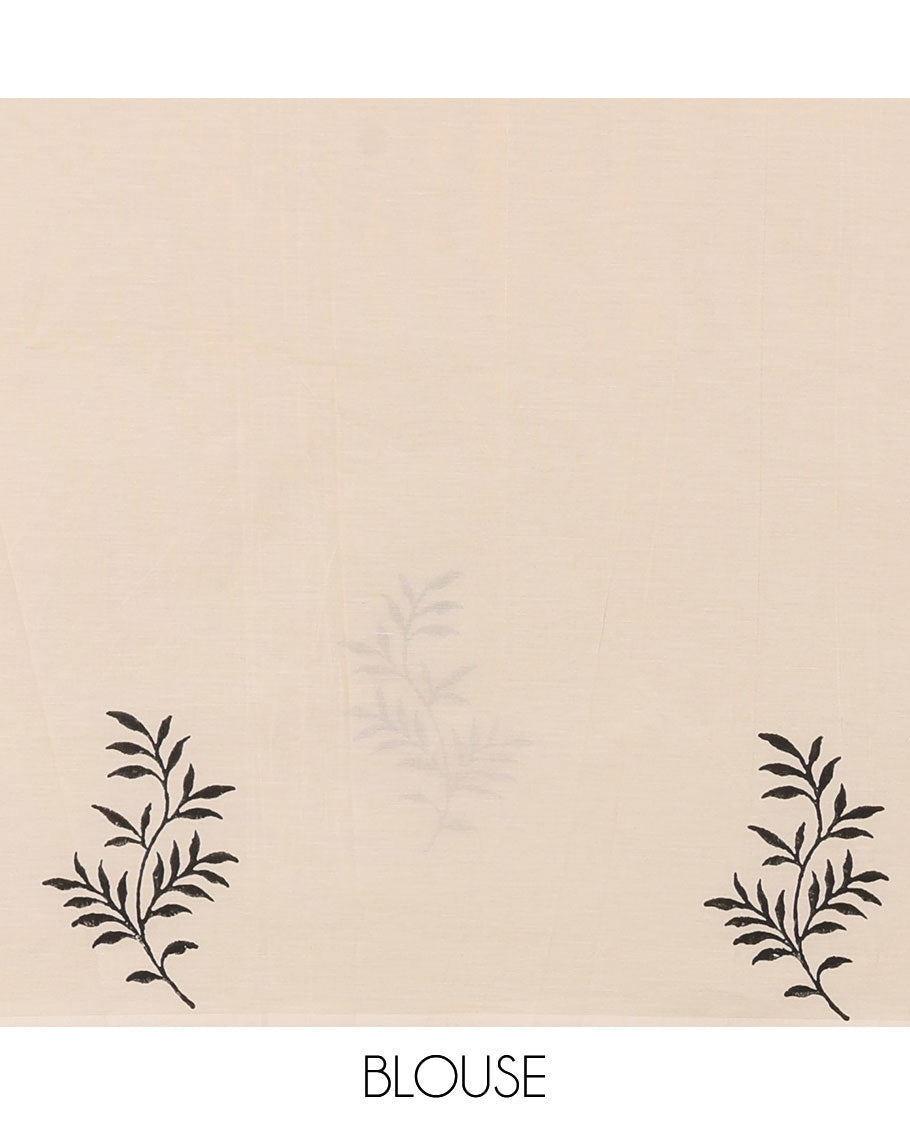 Cream plain South cotton saree, floral and honey hive printed border, a matching printed blouse, and a contrast floral vine printed blouse