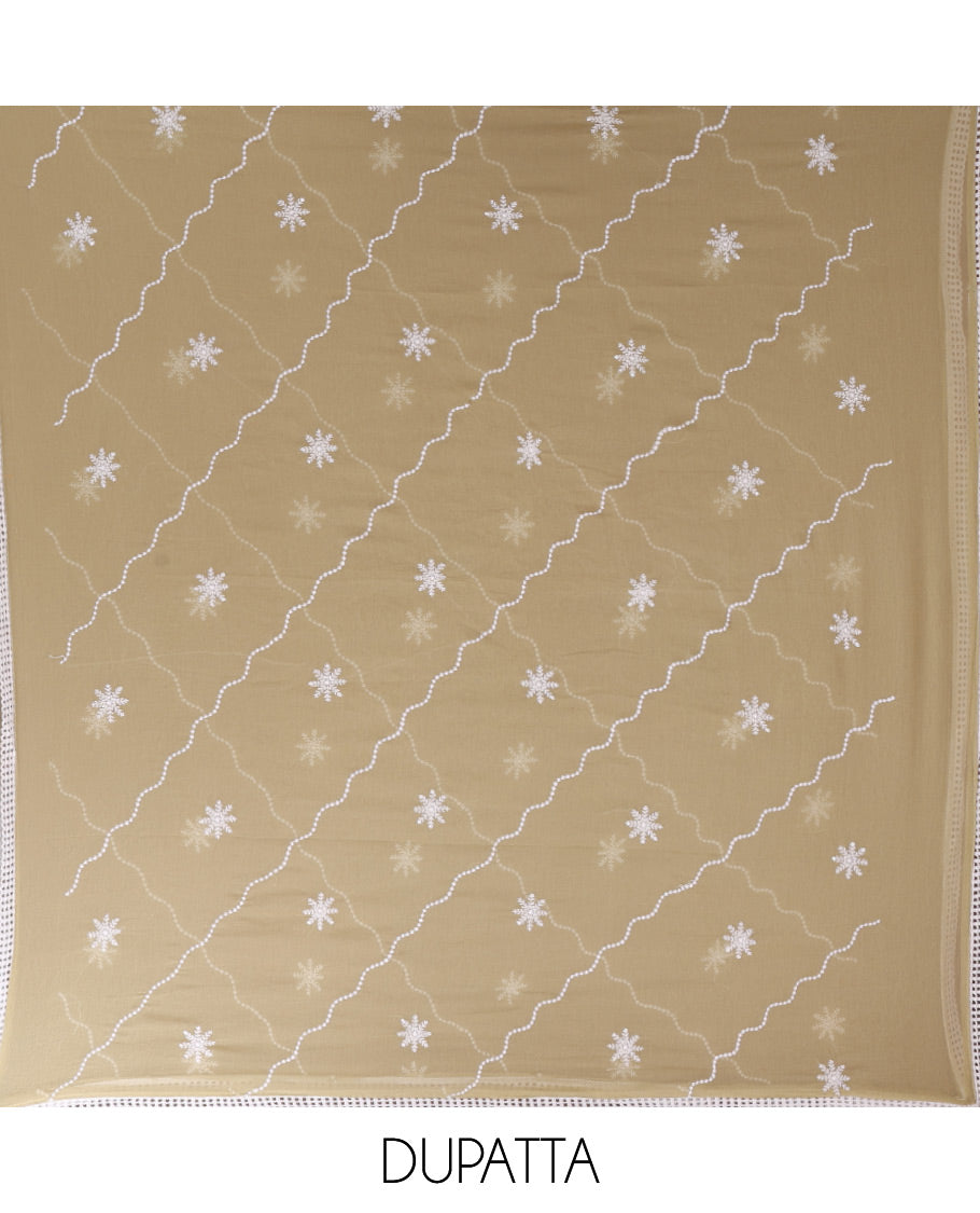 Yellow chudidar material set, floral embroidery with daman crochet lace work jam cotton top, white thread argyle design embroidery with lace work nazlin dupatta, unique motifs printed bottom