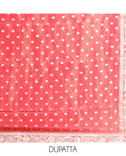 Red material chudidhar set, floral print & embroidered top, plain bottom & buttas dupatta