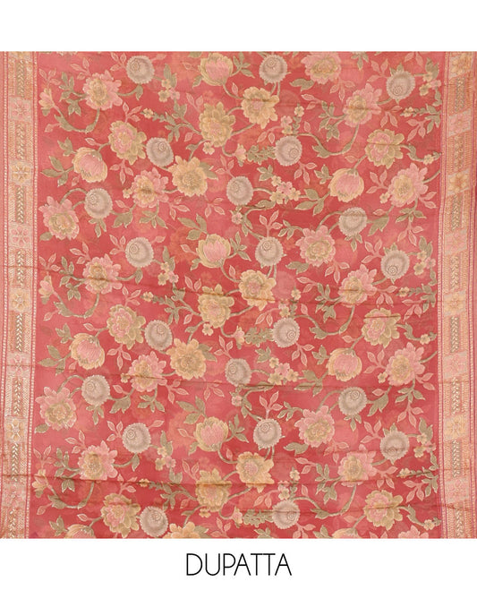 Dark peach material chudidar set, plain with neck work vichitra silk top, cotton bottom & baraso floral printed dupatta