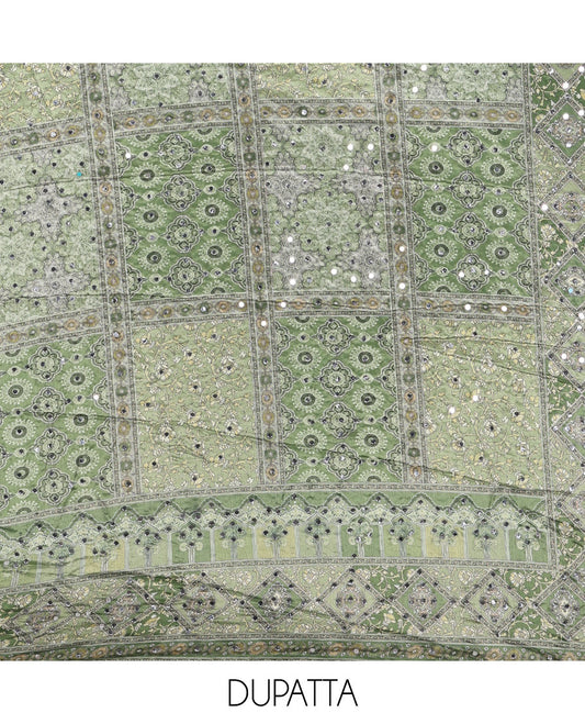 Green material chudidar set, intricately printed with original mirror work crepe top, Italian crepe bottom, and chinon digital print, mirror work dupatta